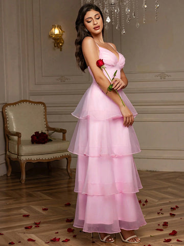 Multi-Layer Cake Skirt Hem Organza V-Neck Suspender Dress Women's Formal Prom Dress Spring And Summer Pink Valentine's Day Dress Birthday Party Dress
