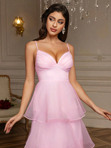 Multi-Layer Cake Skirt Hem Organza V-Neck Suspender Dress Women's Formal Prom Dress Spring And Summer Pink Valentine's Day Dress Birthday Party Dress