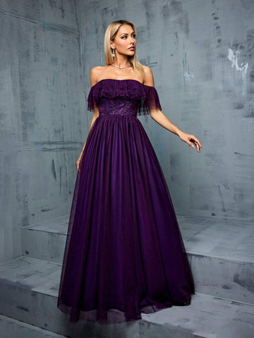 Multi-Layer Mesh Pleated Off Shoulder Dress With Ruffles, Sequins For Bridesmaid