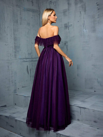 Multi-Layer Mesh Pleated Off Shoulder Dress With Ruffles, Sequins For Bridesmaid