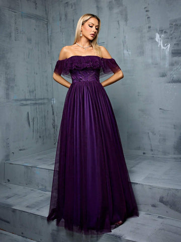 Multi-Layer Mesh Pleated Off Shoulder Dress With Ruffles, Sequins For Bridesmaid