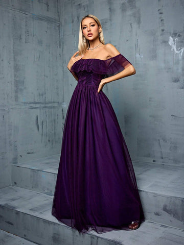 Multi-Layer Mesh Pleated Off Shoulder Dress With Ruffles, Sequins For Bridesmaid