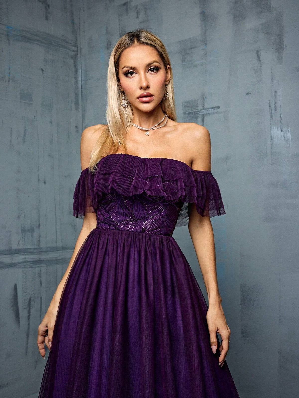 Multi-Layer Mesh Pleated Off Shoulder Dress With Ruffles, Sequins For Bridesmaid