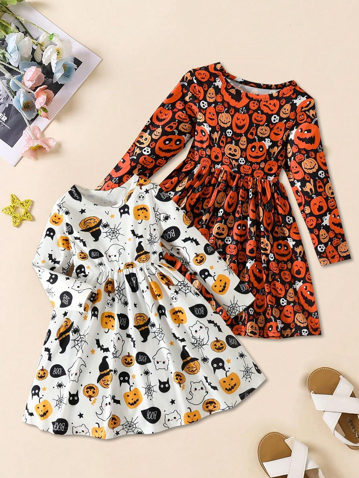 [Multi-Pack] Girls Pumpkin Print Long Sleeve Dress 2-Piece Set, Autumn & Winter