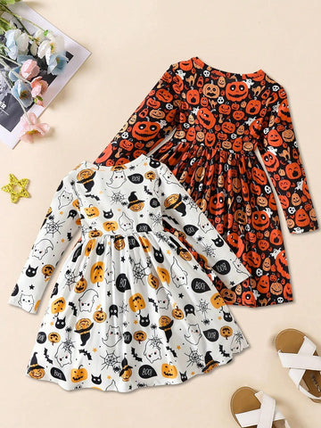 [Multi-Pack] Girls Pumpkin Print Long Sleeve Dress 2-Piece Set, Autumn & Winter