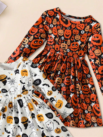 [Multi-Pack] Girls Pumpkin Print Long Sleeve Dress 2-Piece Set, Autumn & Winter