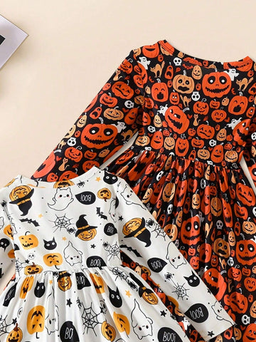 [Multi-Pack] Girls Pumpkin Print Long Sleeve Dress 2-Piece Set, Autumn & Winter