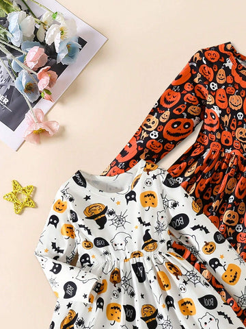 [Multi-Pack] Girls Pumpkin Print Long Sleeve Dress 2-Piece Set, Autumn & Winter
