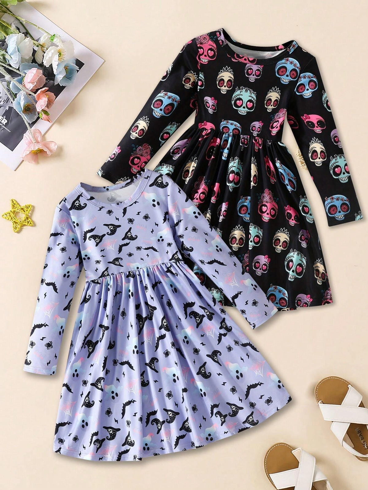 [Multi-Piece Set] Girls Pumpkin Print Long Sleeve Dress 2pcs Set For Autumn & Winter, Halloween