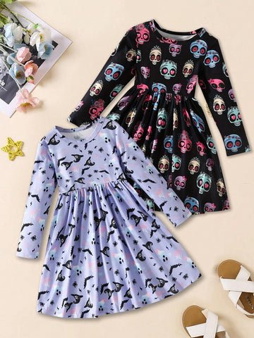 [Multi-Piece Set] Girls Pumpkin Print Long Sleeve Dress 2pcs Set For Autumn & Winter, Halloween