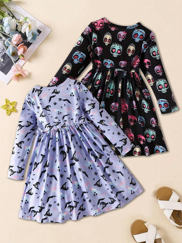 [Multi-Piece Set] Girls Pumpkin Print Long Sleeve Dress 2pcs Set For Autumn & Winter, Halloween