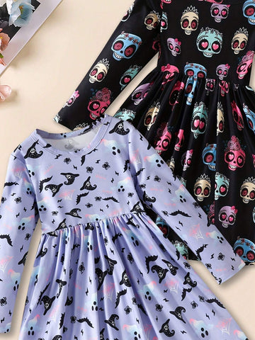 [Multi-Piece Set] Girls Pumpkin Print Long Sleeve Dress 2pcs Set For Autumn & Winter, Halloween