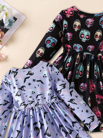 [Multi-Piece Set] Girls Pumpkin Print Long Sleeve Dress 2pcs Set For Autumn & Winter, Halloween