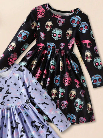 [Multi-Piece Set] Girls Pumpkin Print Long Sleeve Dress 2pcs Set For Autumn & Winter, Halloween