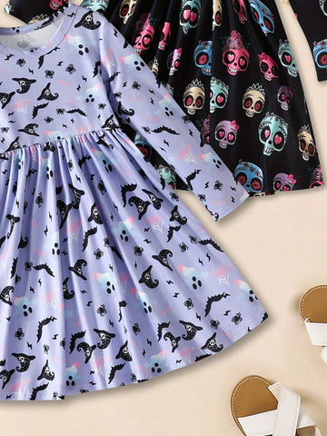 [Multi-Piece Set] Girls Pumpkin Print Long Sleeve Dress 2pcs Set For Autumn & Winter, Halloween