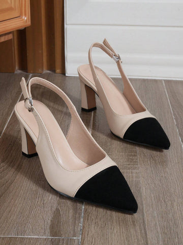Multicolor Black And Apricot Fashionable And Versatile Back Strap High-heeled Shoes