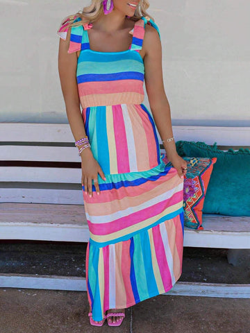 Multicolor Color Patchwork Block Striped Bow Knot Straps Maxi Dress