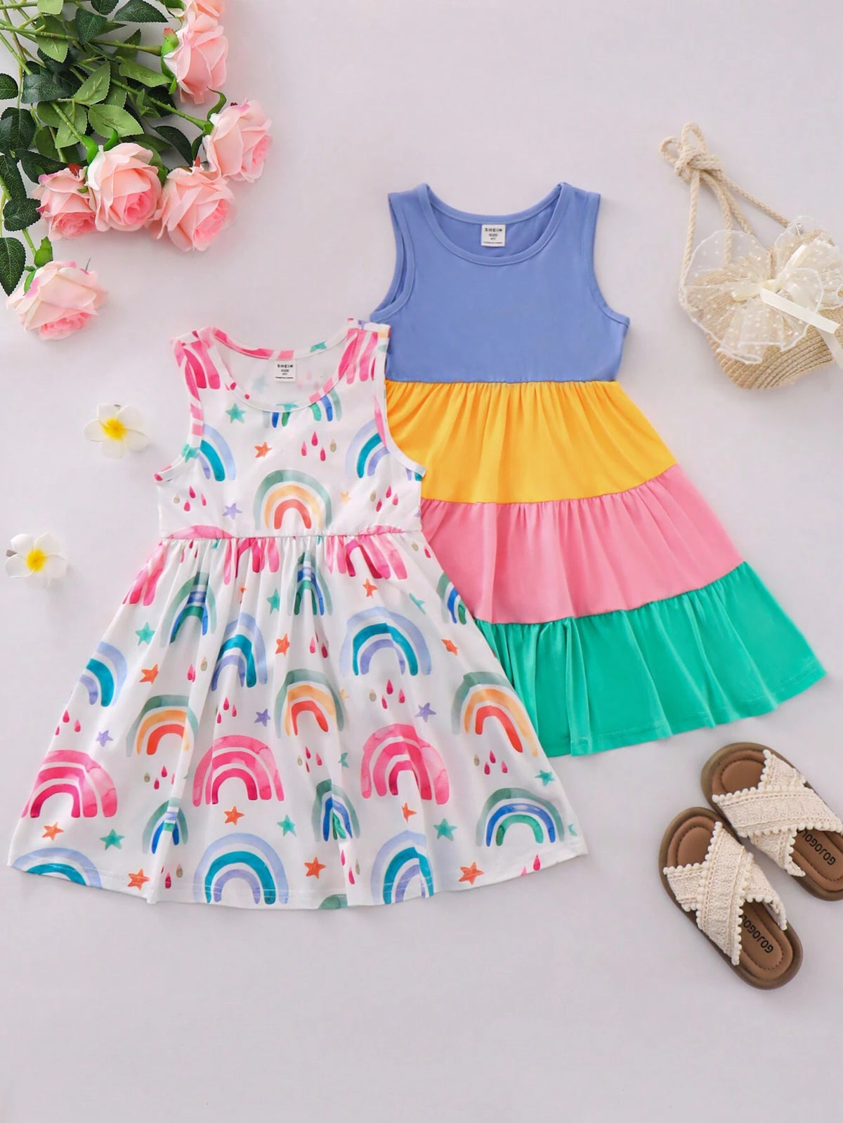 Multiple Outfits For Young Girls, Cute And Casual Rainbow Stripe & Digital Printed Dress For Summer