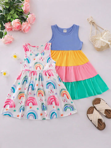 Multiple Outfits For Young Girls, Cute And Casual Rainbow Stripe & Digital Printed Dress For Summer