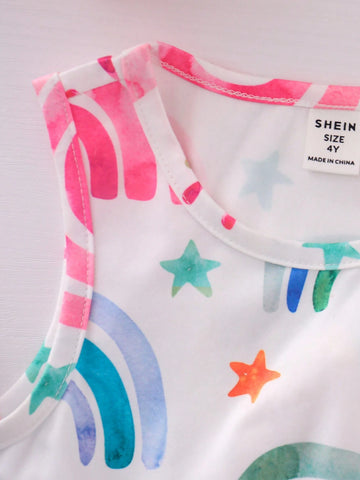 Multiple Outfits For Young Girls, Cute And Casual Rainbow Stripe & Digital Printed Dress For Summer