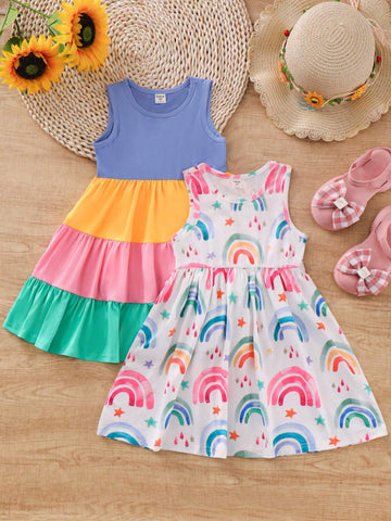Multiple Outfits For Young Girls, Cute And Casual Rainbow Stripe & Digital Printed Dress For Summer