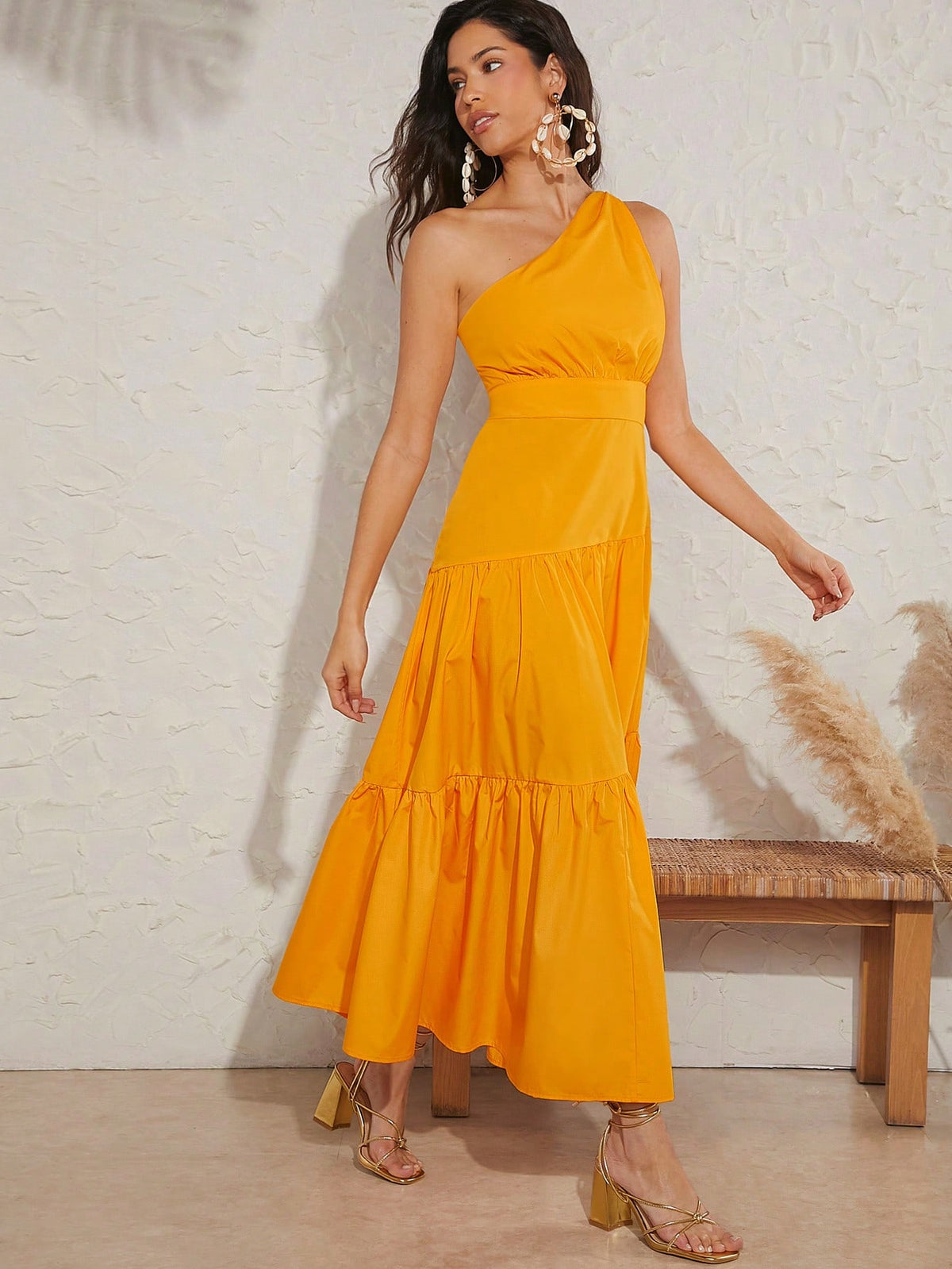 Muted One Shoulder Knot Tiered Hem Dress