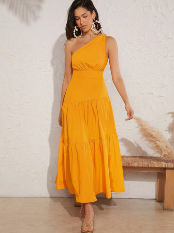 Muted One Shoulder Knot Tiered Hem Dress