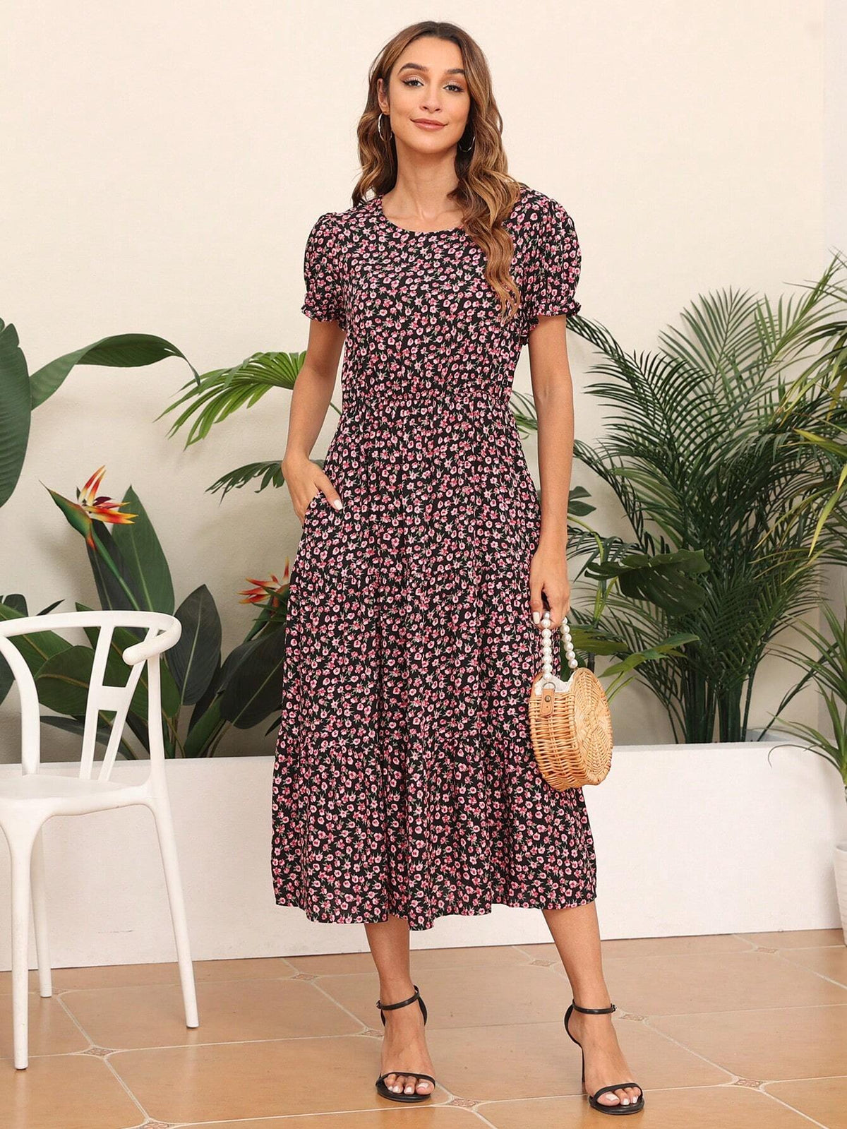 NA1002 Women's Summer Round Neck Printed Mid-Length Dress With Pocket