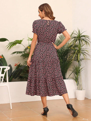 NA1002 Women's Summer Round Neck Printed Mid-Length Dress With Pocket