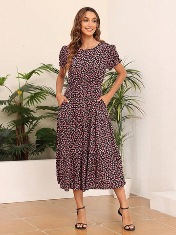 NA1002 Women's Summer Round Neck Printed Mid-Length Dress With Pocket