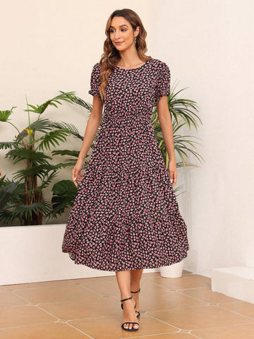 NA1002 Women's Summer Round Neck Printed Mid-Length Dress With Pocket
