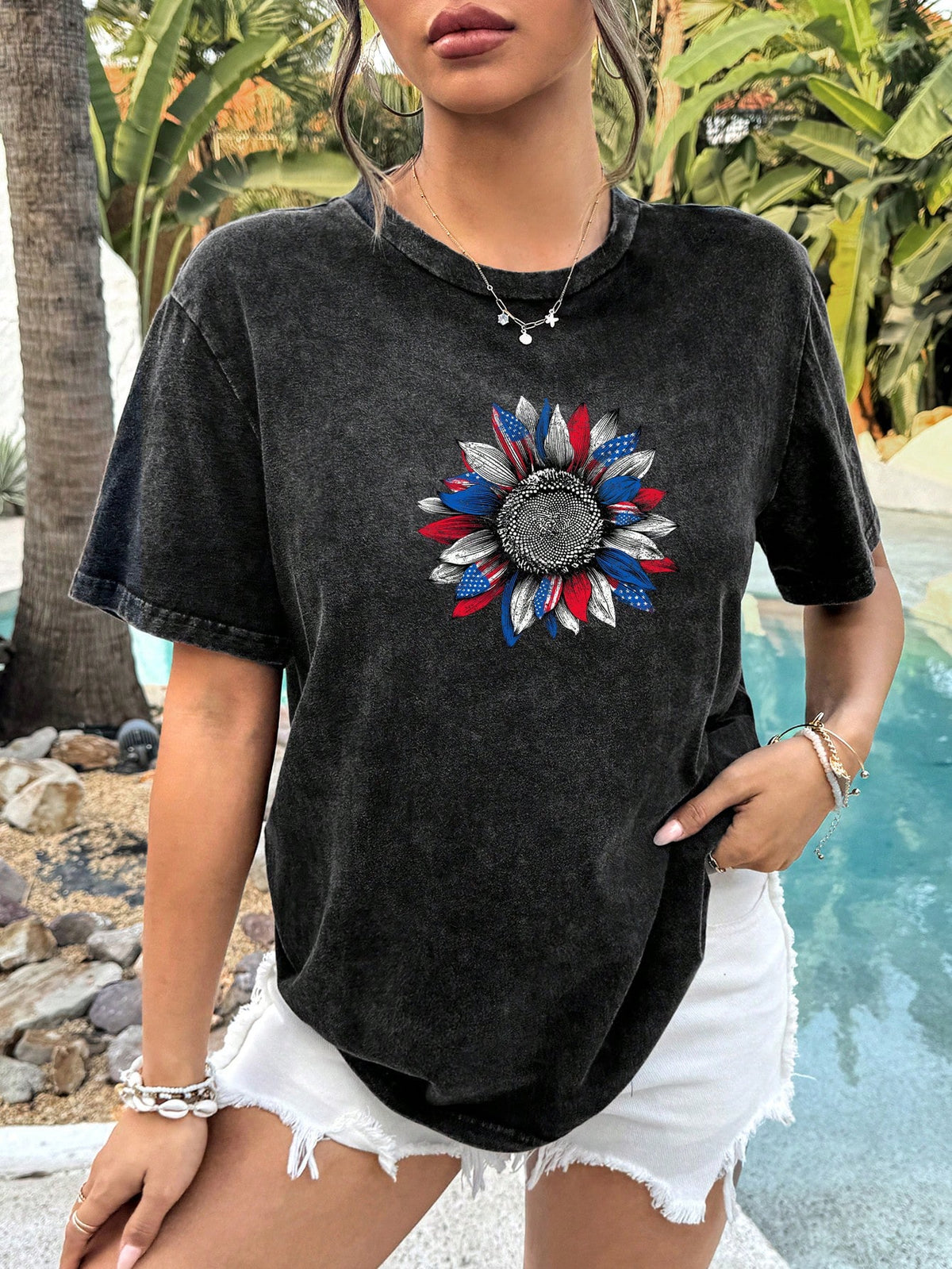 Black, Distressed, Washed, Cotton Blend, Sunflower, United States Graphic Oversized Crew Neck Women T-Shirt, Suitable For Spring/Summer