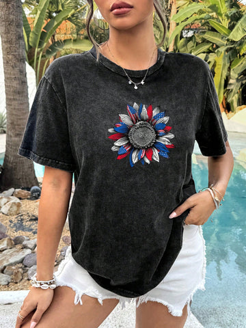 Black, Distressed, Washed, Cotton Blend, Sunflower, United States Graphic Oversized Crew Neck Women T-Shirt, Suitable For Spring/Summer