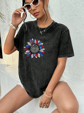 Black, Distressed, Washed, Cotton Blend, Sunflower, United States Graphic Oversized Crew Neck Women T-Shirt, Suitable For Spring/Summer