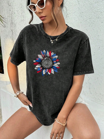 Black, Distressed, Washed, Cotton Blend, Sunflower, United States Graphic Oversized Crew Neck Women T-Shirt, Suitable For Spring/Summer