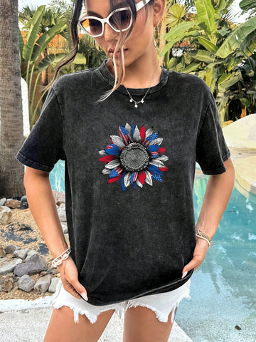 Black, Distressed, Washed, Cotton Blend, Sunflower, United States Graphic Oversized Crew Neck Women T-Shirt, Suitable For Spring/Summer