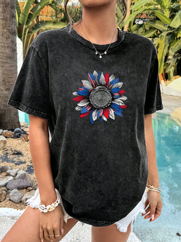 Black, Distressed, Washed, Cotton Blend, Sunflower, United States Graphic Oversized Crew Neck Women T-Shirt, Suitable For Spring/Summer