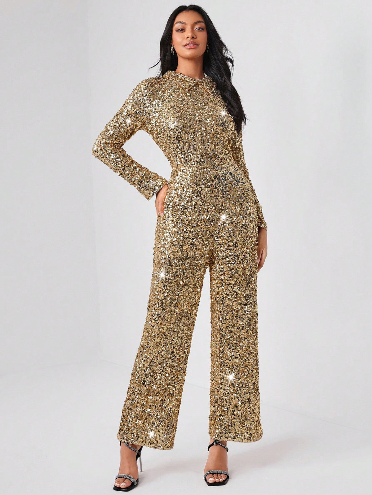 NEW FEMME Split Cuff Collared Sequin Jumpsuit