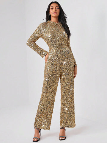 NEW FEMME Split Cuff Collared Sequin Jumpsuit