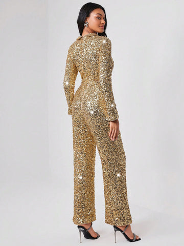 NEW FEMME Split Cuff Collared Sequin Jumpsuit