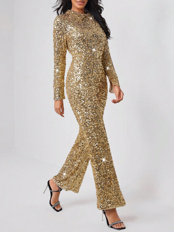 NEW FEMME Split Cuff Collared Sequin Jumpsuit