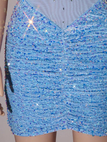 NIKBK Christmas Glamorous Mesh Rhinestone V-Neck Sequined Patchwork Velvet Ruched Bodycon Party Prom Homecoming Mini Dress Suitable For Birthday Party,Night Club Cocktail And Festivals