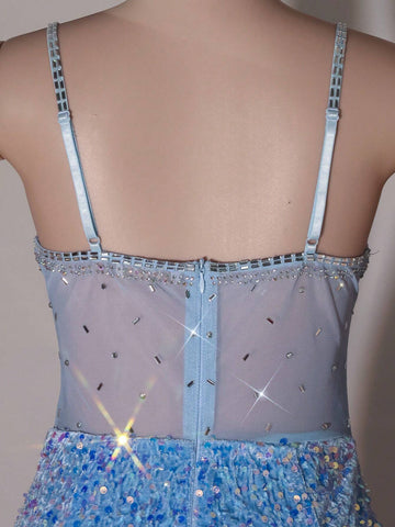 NIKBK Christmas Glamorous Mesh Rhinestone V-Neck Sequined Patchwork Velvet Ruched Bodycon Party Prom Homecoming Mini Dress Suitable For Birthday Party,Night Club Cocktail And Festivals