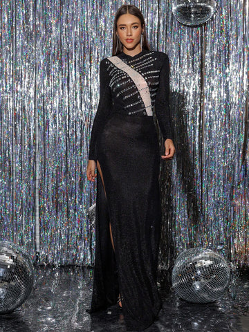 NIKBK Women's Formal Evening T - Shirt Dress: Long, Hollow With High Slit