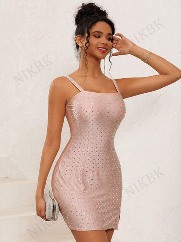 NIKBK Women's Shiny Sexy Slim Fit Crystal Ornament Christmas, Birthday, Date Night, Homecoming, Wedding Event, Sleeveless, Bodycon, Mini, Short Formal Cocktail Party, Ball Gown Dress