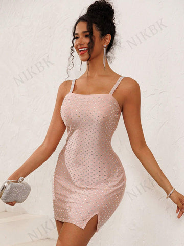NIKBK Women's Shiny Sexy Slim Fit Crystal Ornament Christmas, Birthday, Date Night, Homecoming, Wedding Event, Sleeveless, Bodycon, Mini, Short Formal Cocktail Party, Ball Gown Dress