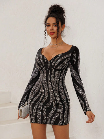 NIKBK Women's Sparkle Rhinestone Long Sleeve Stripe V Neck Bodycon Mini Dress Black Birthday Party Dress Formal Evening Gown Suitable For Club, Party, Nightlife, Birthday, Date, Dance, Leisure, Holiday And Other Formal Or Semi-Formal Occasions