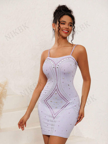 NIKBK Women's Sparkling Sexy Bodycon Rhinestone Christmas/Birthday/Back-To-School/Wedding Event/Date Night Sleeveless Spaghetti Strap Mini Cocktail Party Formal Dress