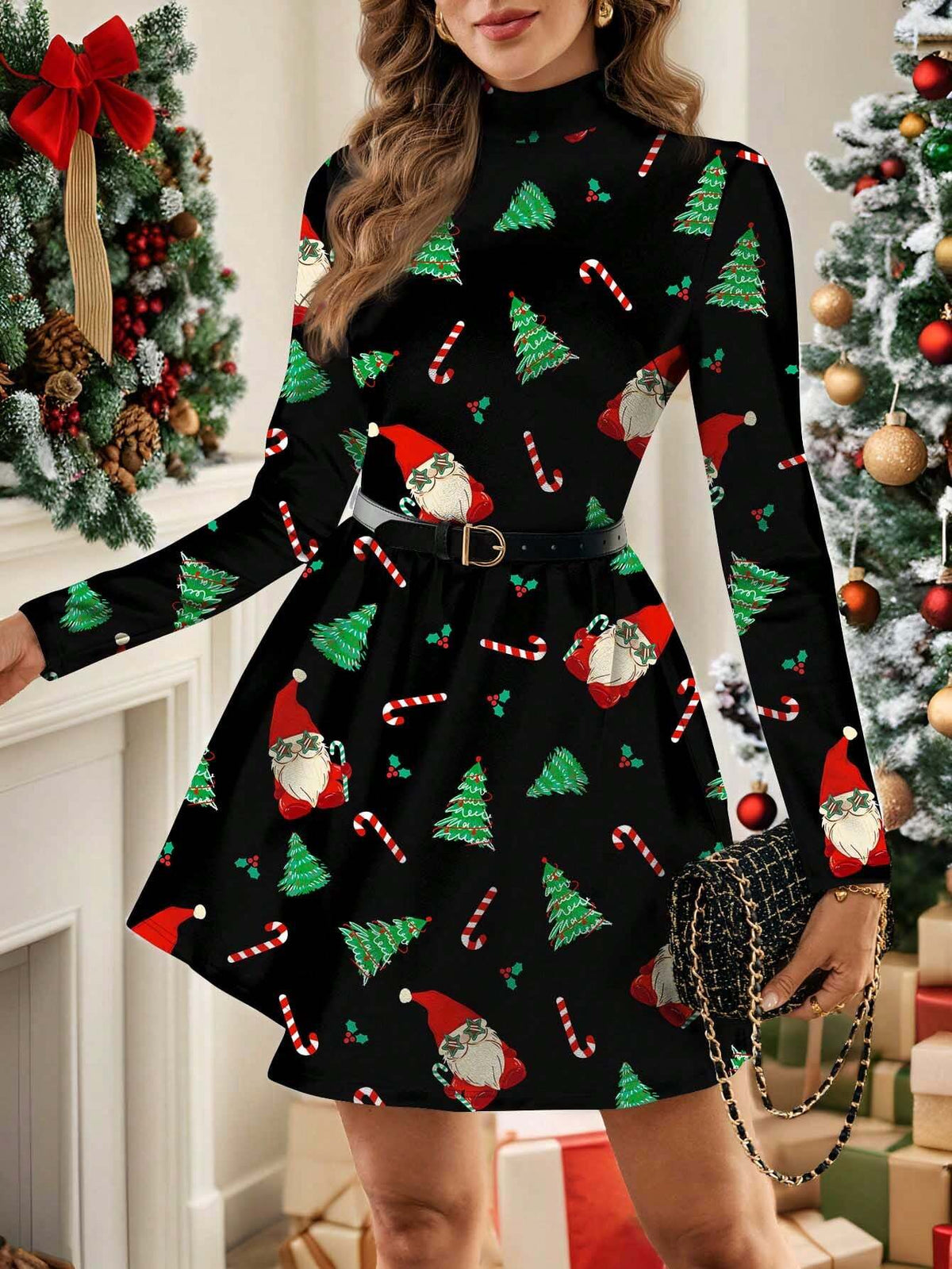 N_Standard Funnel Neck Plaid Dress Without Belt, Casual Minimalist Women Dress With Sleeves Suitable For Autumn And Winter