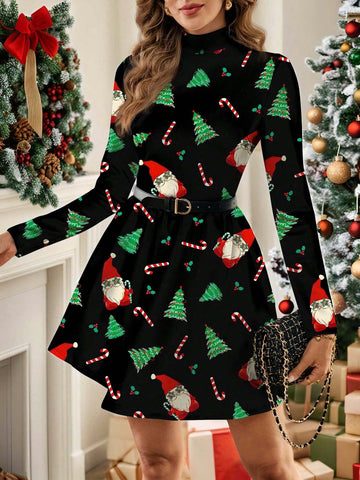 N_Standard Funnel Neck Plaid Dress Without Belt, Casual Minimalist Women Dress With Sleeves Suitable For Autumn And Winter